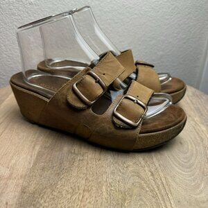 Ladies Brown Leather Wedge Sandals With Double Buckle Straps‎ 8.5